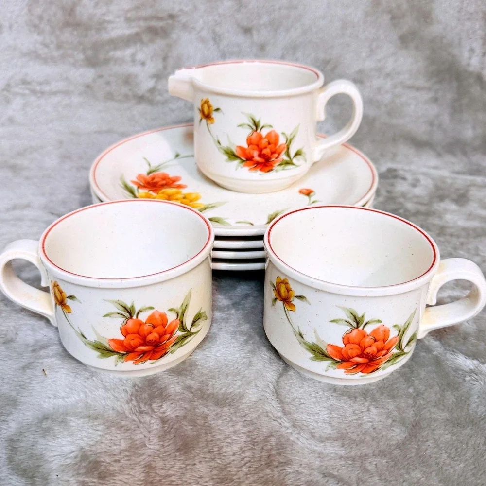 Noritake Roanoke‎ Floral Stoneware Creamer Dessert Set Vintage Japan Orange 70's